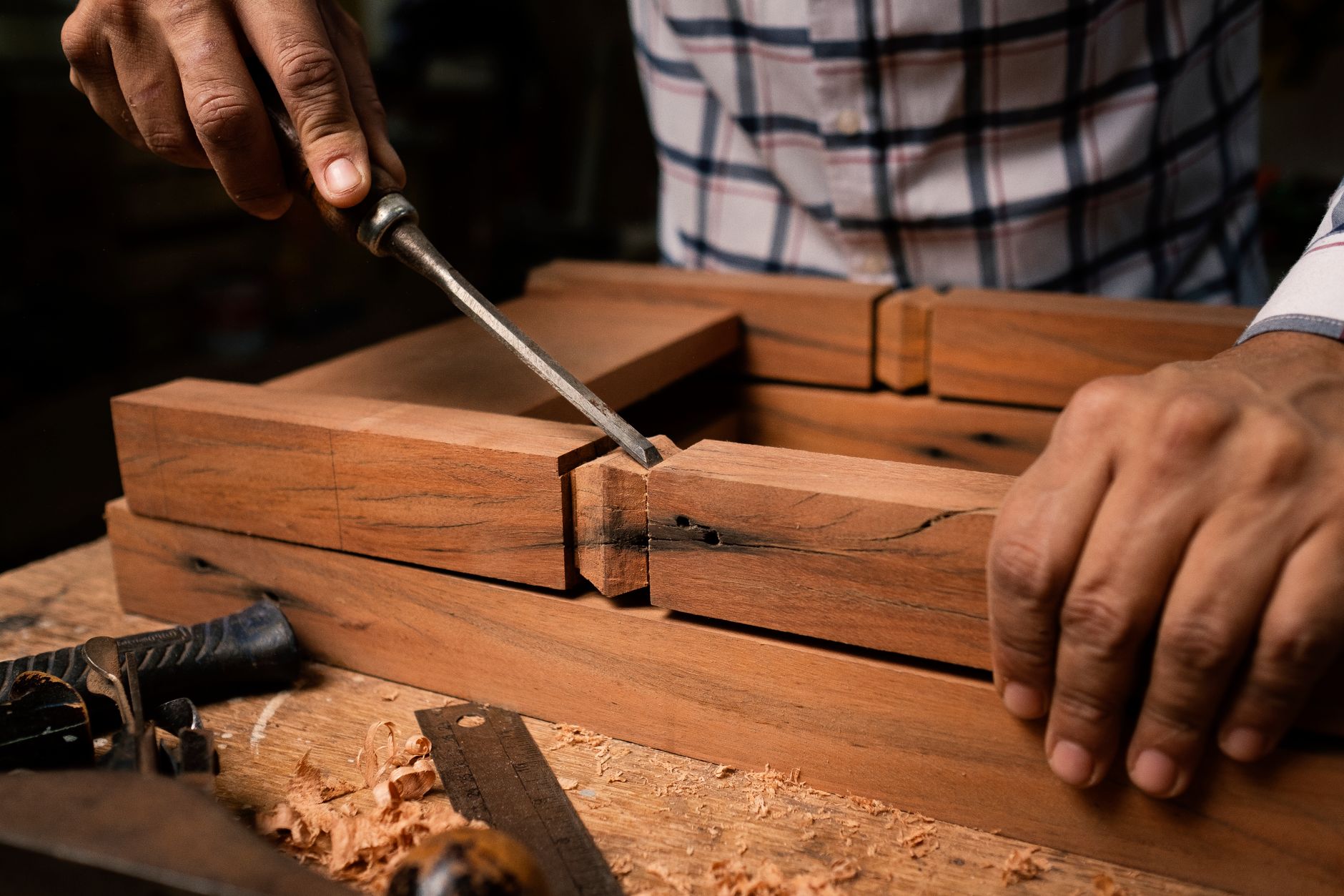 Close detail of a hand-cut timber joint