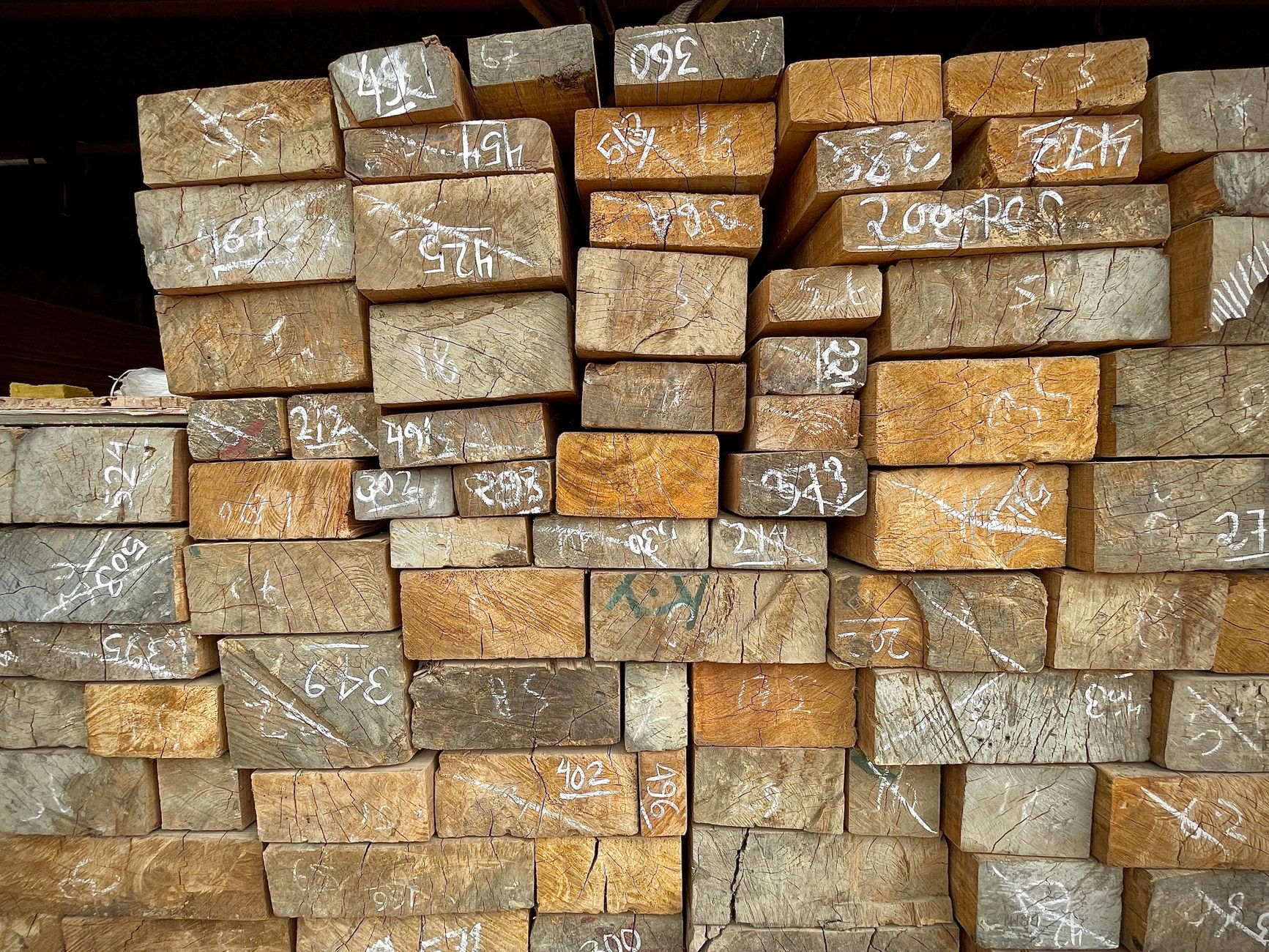 Stacked hardwood boards in a timber store